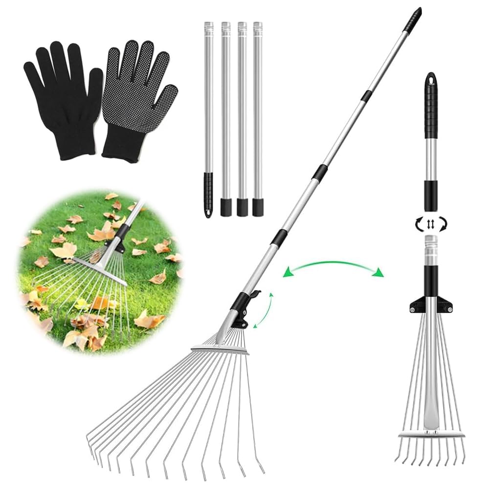 Rastrillo de Hojas Ajustable con Mango de 207 cm y Guantes,Rastrillo Recoge Hojas Jardin,Rastrillo de Jardin con Mango para Hojas,para Limpiar Plantas, césped y Patio