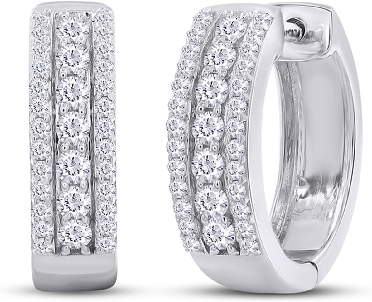 Triple Row Round Cut Cubic Zirconia Huggie Hoop Earrings in 14k Gold Over 925 Sterling Silver – Dainty Women’s Jewelry Gift for Her