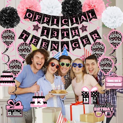 Image of 13th Birthday Decorations for Girls, Pink Black Official 13th Teenager Banner Party Decorations, Happy Thirteen Birthday Decor Double-Sided Card Pompoms Hanging Swirls for 13 Years Girls Gifts 48pcs