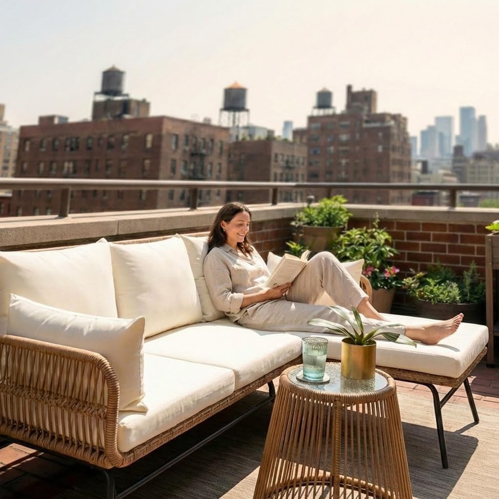 Bezseller 3-Piece Outdoor Patio Furniture Set, L-Shaped Rattan Sectional Sofa with Thick Cushions, Glass Coffee Table – All-Weather Conversation Set for Backyard, Porch, Poolside