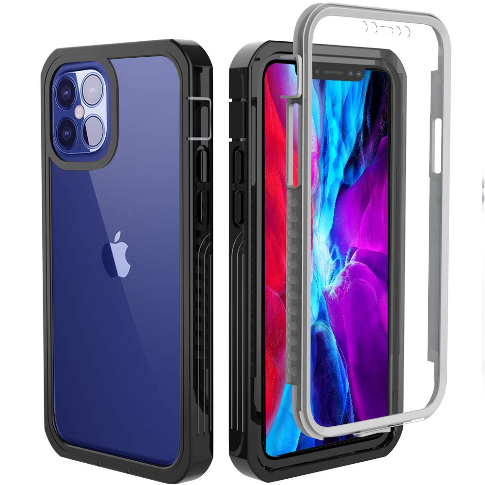 For iPhone 12 Case, iPhone 12 Pro Case 6.1" Built-in Screen Protector, [High Touch Responsive] 360° Full-body Protective Shockproof Rugged Case Outdoor Cover Compatible with iPhone 12 (Pro), Black