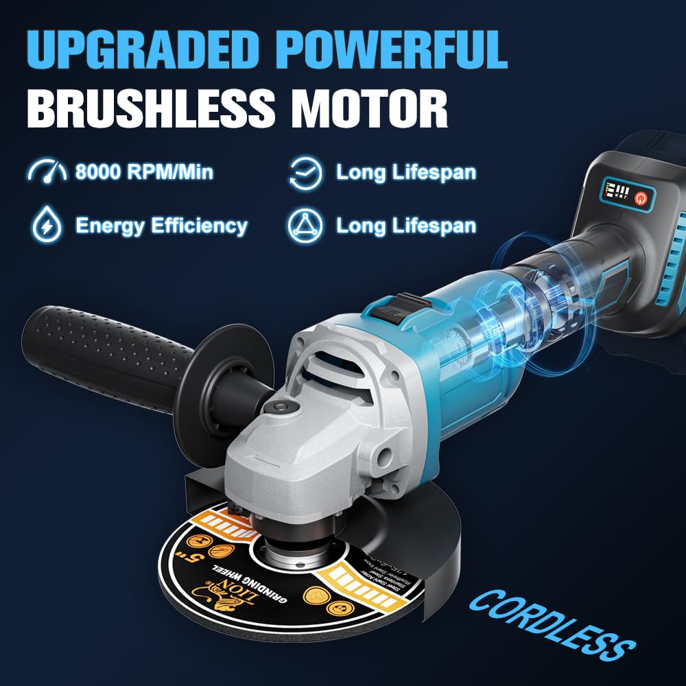 1200W Akku Winkelschleifer für Makita Akku 18V (Ohne Akku), 125mm Akku Flex mit 4 Geschwindigkeiten, Bürstenloser Profi-Winkelschleifer mit 2 Schleifscheiben 2 Trennscheiben zum Schleifen, Trennen