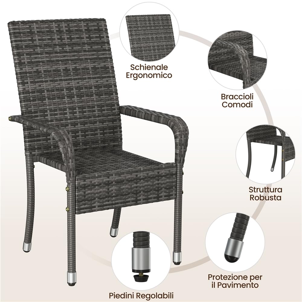 Yaheetech Set di 2 Sedie Impilabili in Rattan Sedia da Giardino con Braccioli Piedini Regolabili e Schienale per Esterno Balcone Patio Terrazza Grigio