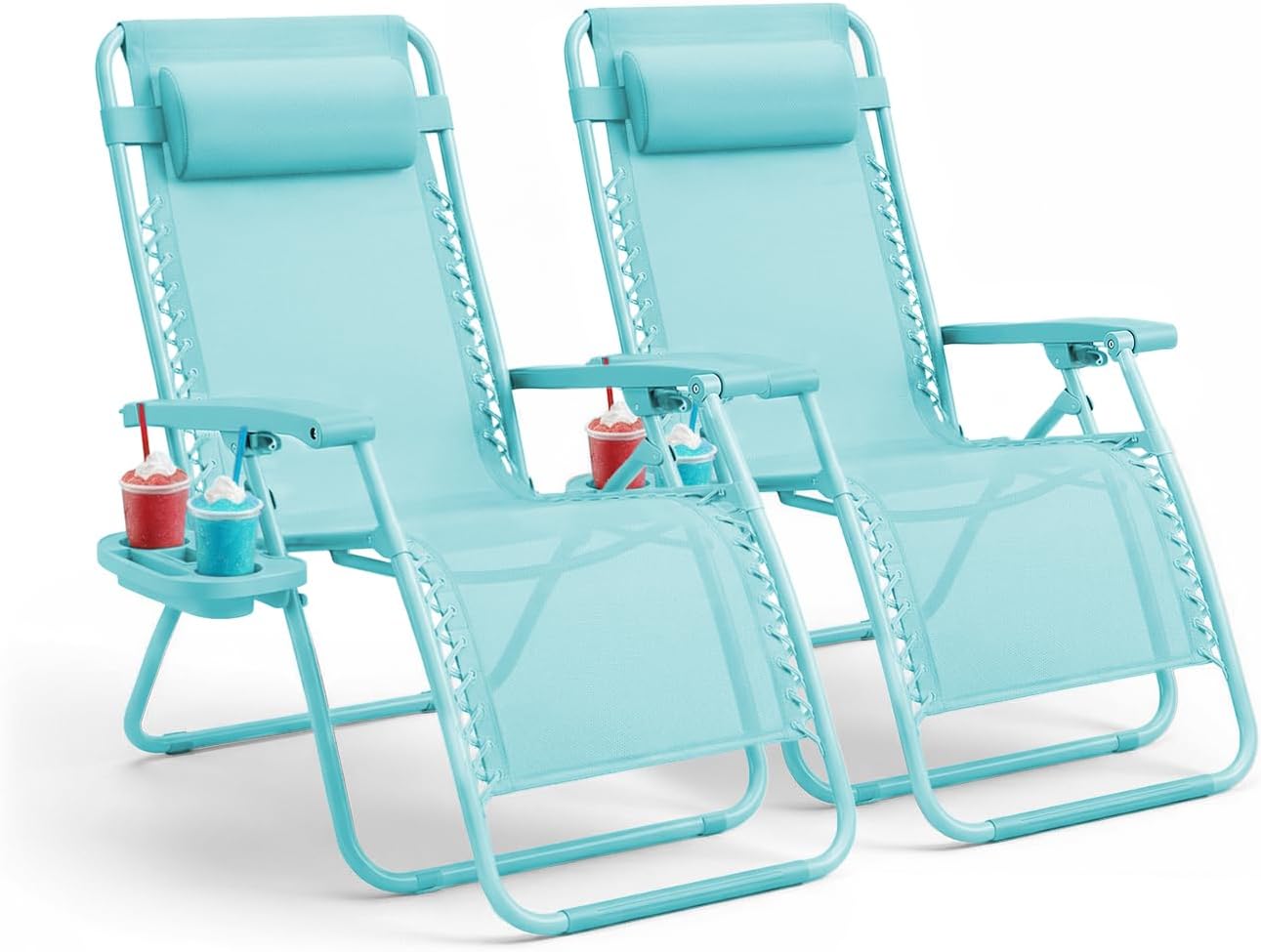 KEPLIN Set of 2 Heavy Duty Zero Gravity Chairs – Padded Garden Recliners with Locking System, 160° Recline, Adjustable Pillow, Removable Tray with Cup & Phone Holders, 110kg Capacity (Teal)