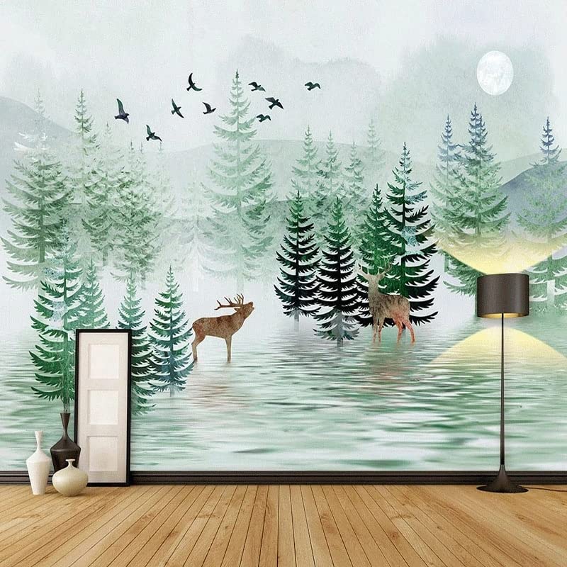 SIJIFACAI Murales de pared de tamaño personalizado, ciervos de paisaje bosque, murales de pared autoadhesivos extraíbles para despegar y pegar, papel tapiz fotográfico grande