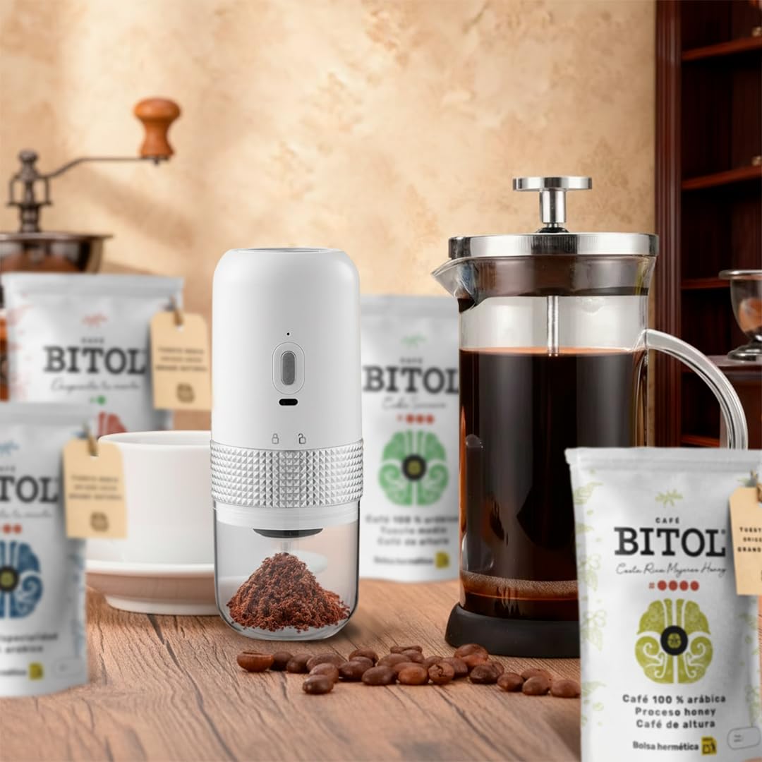 Kit de Iniciación + Gala BITOL 4 Cafés de Especialidad 100% Arábica Colombia, Guatemala, Cuba y Costa Rica 4 x 500 g + Molinillo Manual y Prensa Francesa | Notas de Chocolate, Caramelo, Frutos Secos
