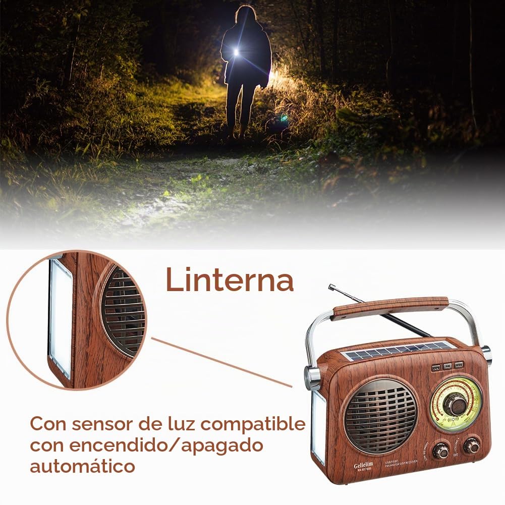 Gelielim Radio retro portátil AM/FM con Bluetooth, recargable/solar/batería, compatible con tarjeta TF/USB, linterna de emergencia