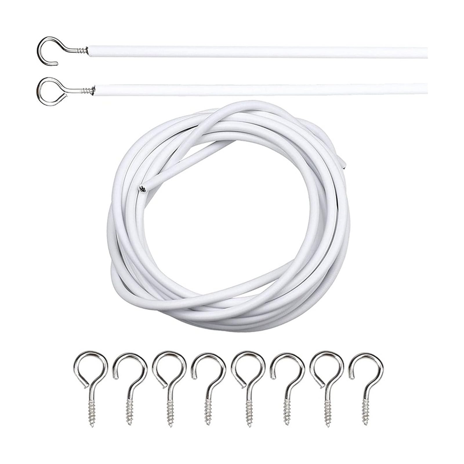 Net Curtain Wire with Hooks and Eye, 2 Meter Plastic Coated Curtain Wire with 4 Hooks and 4 Eyes, White, 2M