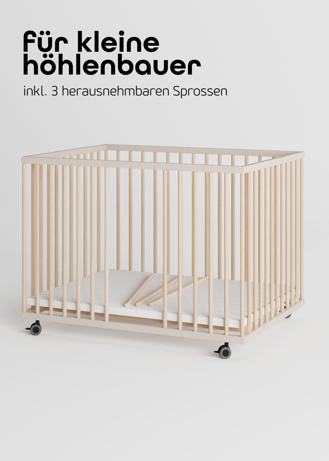 Sämann Laufstall Baby 75x100 cm mit Matratze SleepPlus und Schlupfsprossen | TÜV geprüft | stufenlos höhenverstellbar | Laufgitter Premium | Babybett aus Holz | Krabbelgitter sahara dust/natur