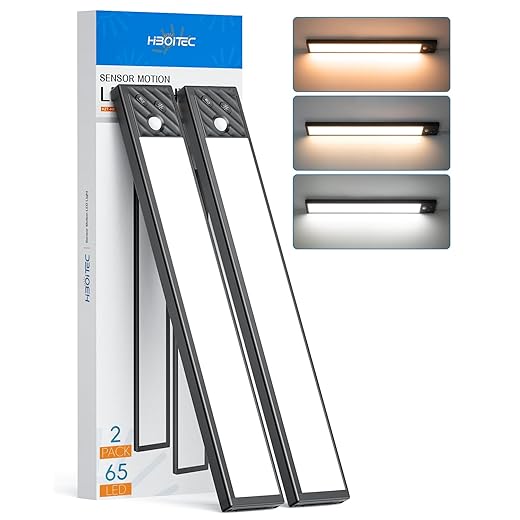 2023 Newest 65 LED Motion Sensor Lights Indoor 3 Color Temps, 2 Packs Dimmable Under Cabinet Lighting, 2500mAh Rechargeable Wireless Closet Lights Night Light for Drawers, Wardrobe, Stair, Kitchen