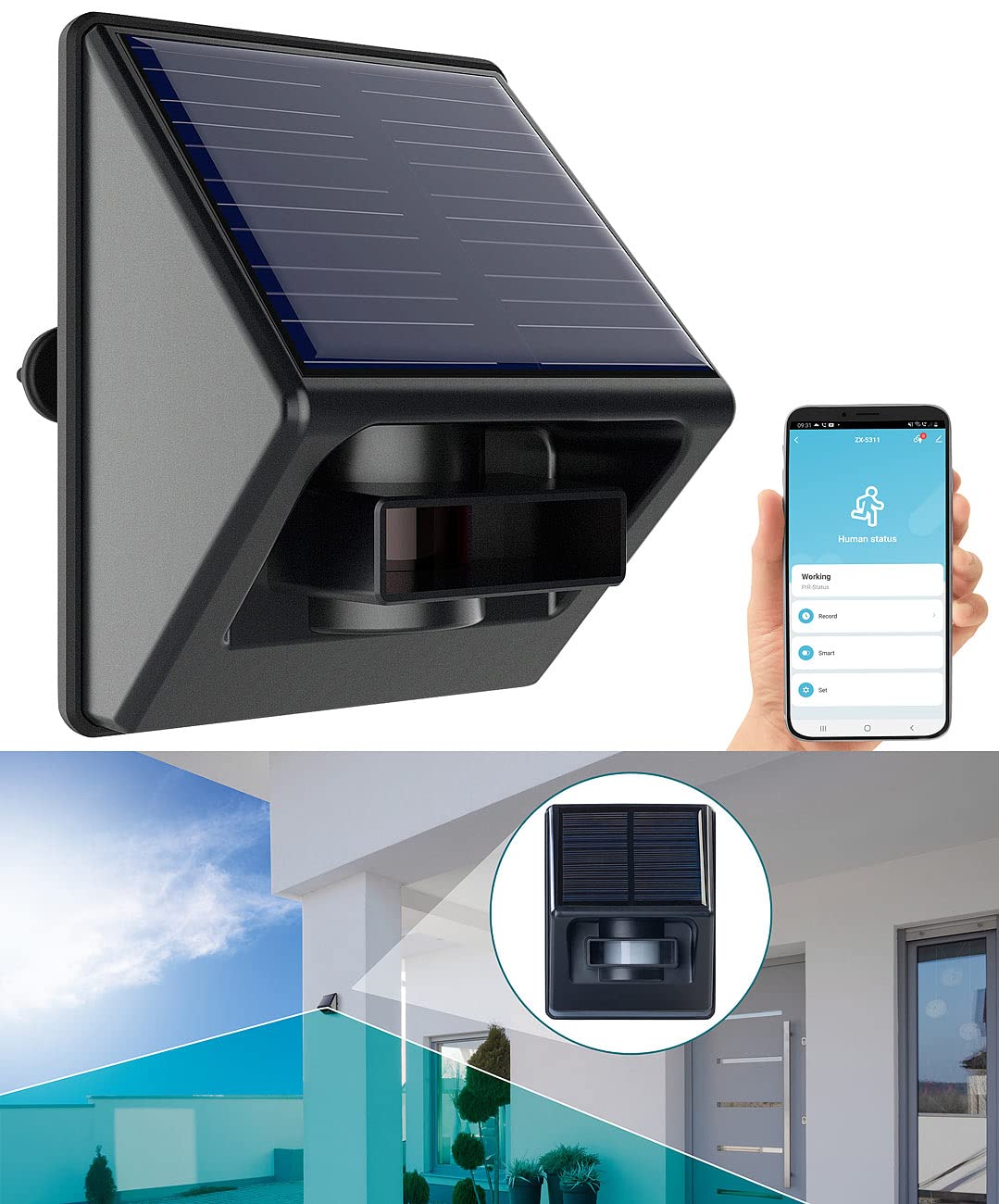 Luminea Home Control App-Bewegungsmelder: Outdoor-PIR-Sensor mit ZigBee-WLAN-Gateway und Solarpanel, IP55 (Outdoor ZigBee Motion Sensor, Akku Bewegungsmelder aussen)