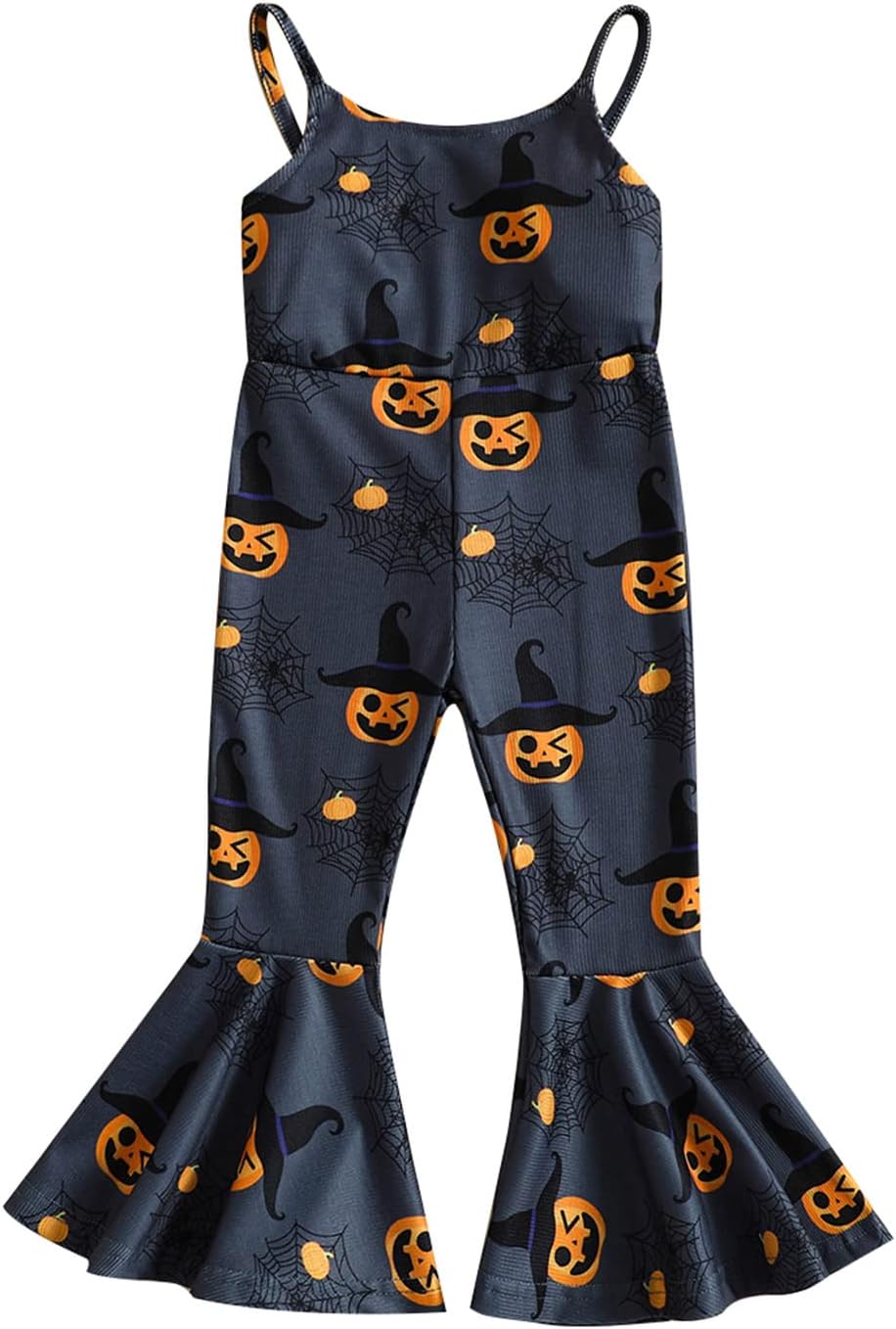 Toddler Baby Girls Halloween Jumpsuit Sleeveless Sling Bell-Bottoms Pumpkin Spider Romper 12-18 Months Black