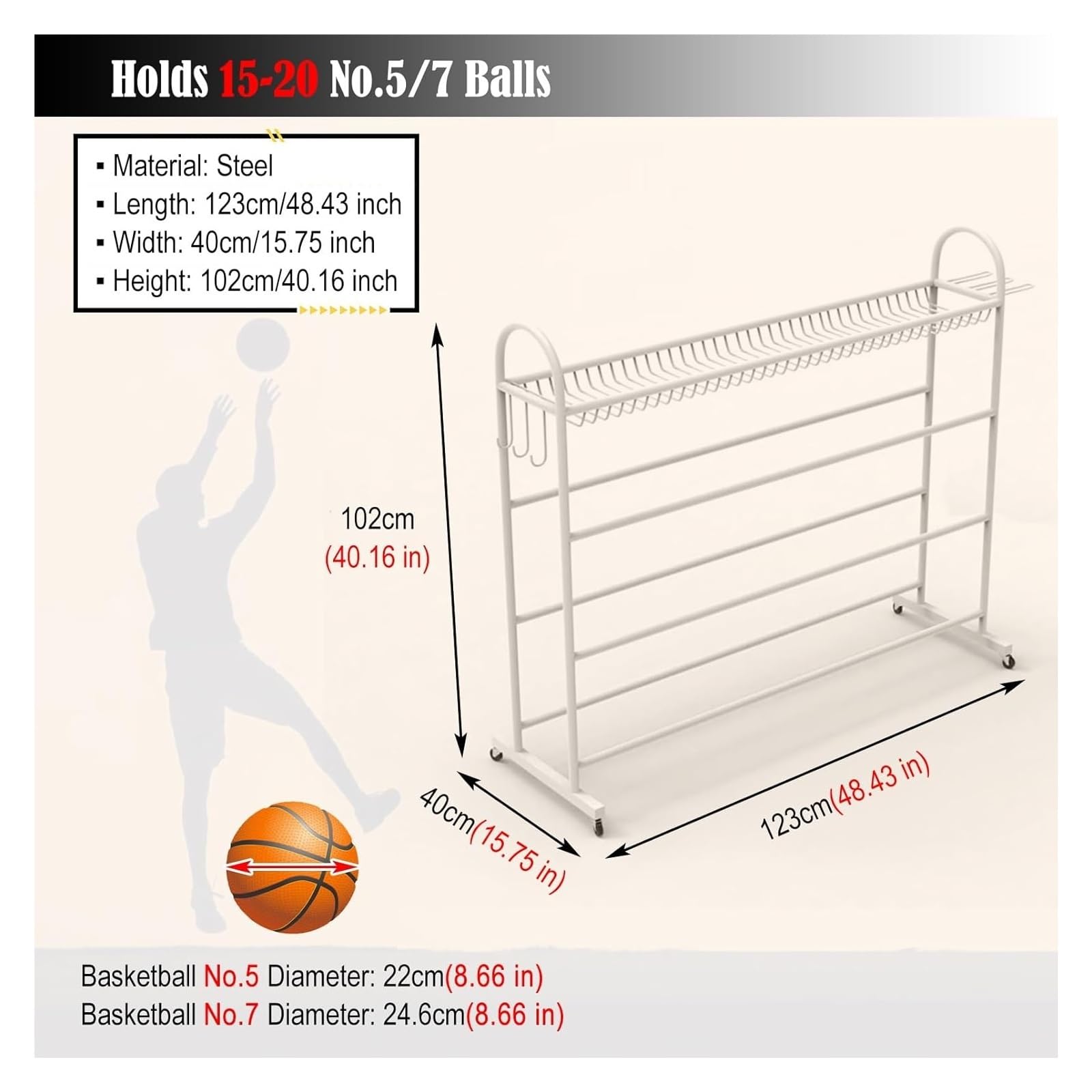 Mobilny 4-poziomowy sportowy stojak na piłki z kółkami i haczykami, idealny do koszykówki, piłki nożnej, siatkówki i sprzętu, 97 cm długości, 83 cm szerokości, idealny do domu i siłowni