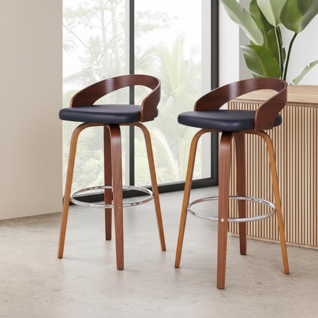 Creative Mid-Century Modern Swivel Bar Stool, Walnut Wood Frame with Black Faux Leather Seat, Chrome Footrest (Pack of 2)