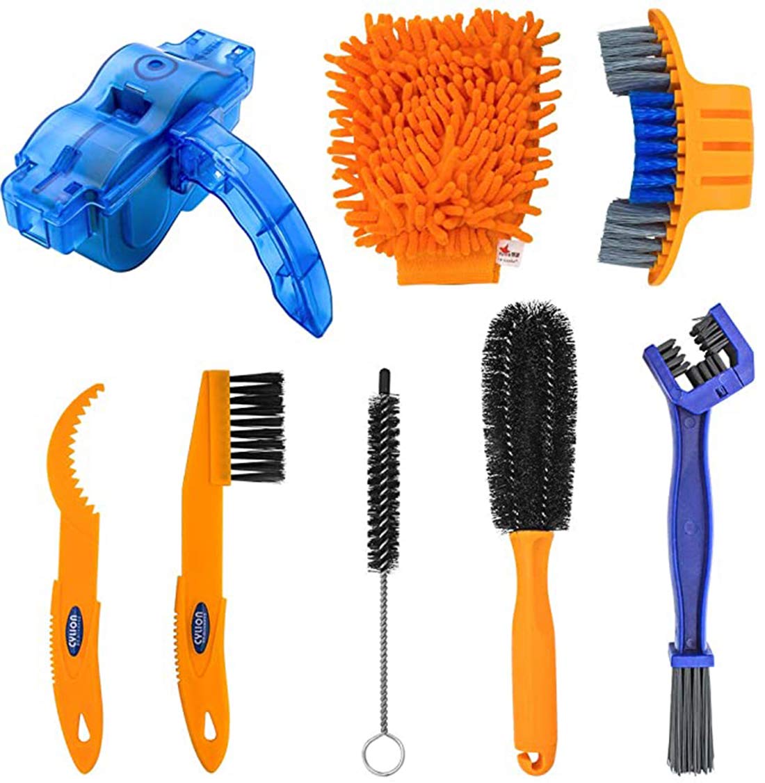 DELFINO Bike Cleaning Tool Set, 8 Pieces Mountain Road City BMX Bicycle Kit incl Chain Scrubber, Bicycle Clean Brush Kit for Bike Chain/Tire/Sprocket Cycling Corner Stain Dirt Clean