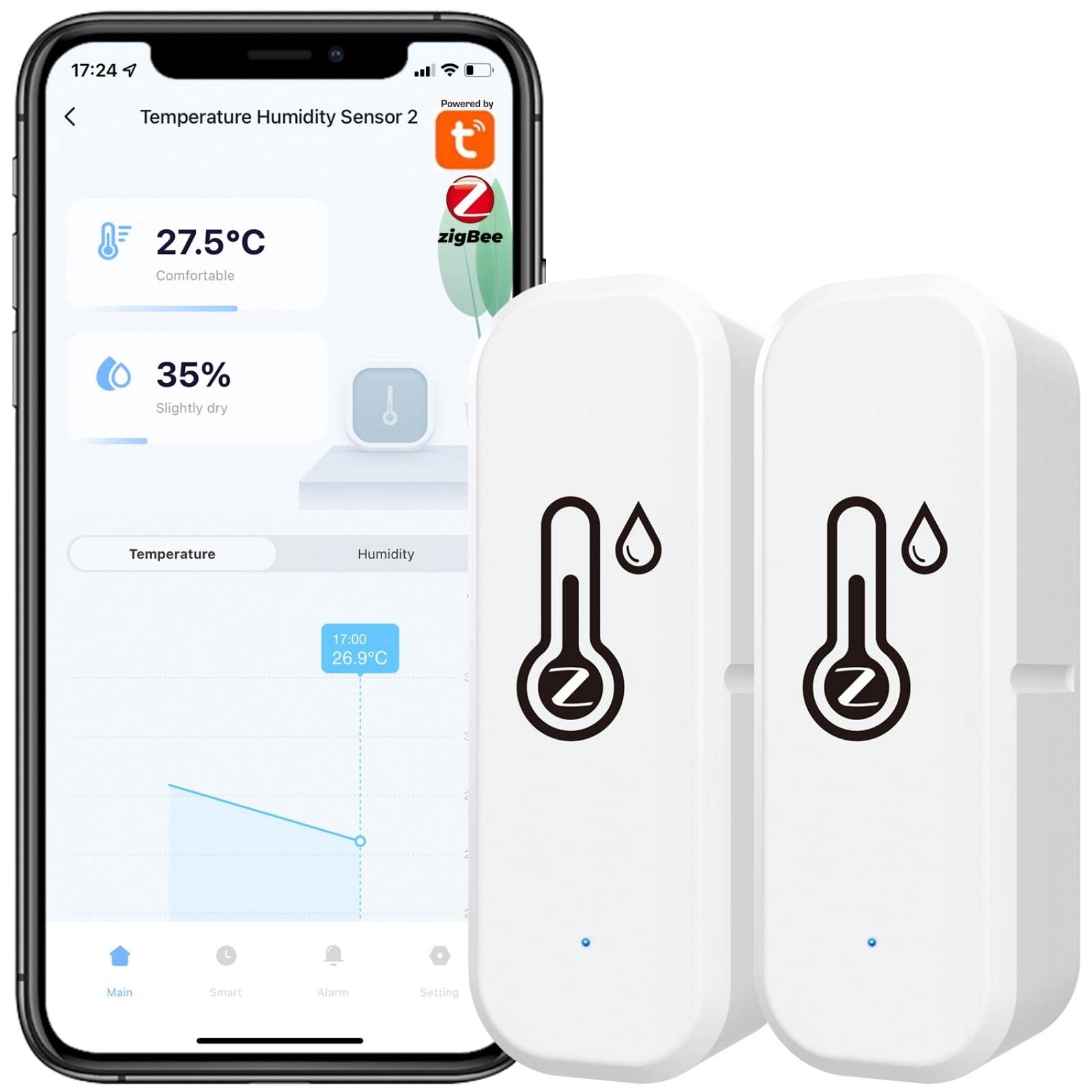 2x Tuya Zigbee Hygrometer Thermometer Sensor, mit App-Aufzeichnung, Erinnerung an schwache Batterie, Smart Thermometer Sensor funktioniert mit Alexa, Tuya & für Smart Life, 2 Zuhause, Weinkeller