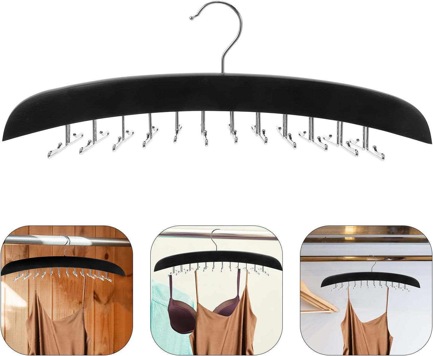 24-Hook Wooden Belt and Tie Hanger Multi-Functional Tank Top Organizer with 1.8cm Thick Black Hooks for Closet Storage of Gym Clothes, Swimsuits, and Accessories