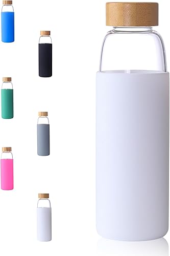 Miniatura 1 de Laster Botella de agua de vidrio de 20 onzas, 20.3 fl oz, hecha de vidrio de borosilicato, 1 bambú y 1 tapa de acero inoxidable, sin BPA, funda de