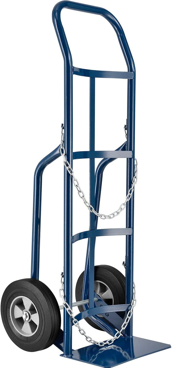 Global Industrial Single Cylinder Hand Truck with Curved Handle, 10" Diameter Semi-Pneumatic Wheels, 500 Lb. Capacity, 14" W x 10" L Noseplate, 47" H, Supports 12" Diameter Cylinders