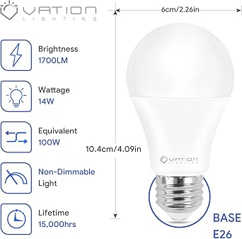 A19 LED Light Bulbs Daylight 5000K 100 Watt Equivalent Non-Dimmable 6 Pack | VATION LIGHTING Light Bulbs Efficient 14 Watt, 1700 Lumens, E26 Medium Base, Non-Dimmable, ETL/UL Listed, 6 Pack