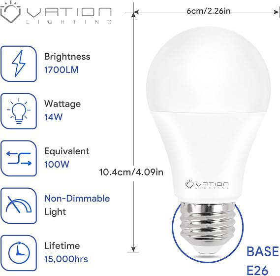 A19 LED Light Bulbs Daylight 5000K 100 Watt Equivalent Non-Dimmable 6 Pack | VATION LIGHTING Light Bulbs Efficient 14 Watt, 1700 Lumens, E26 Medium Base, Non-Dimmable, ETL/UL Listed, 6 Pack