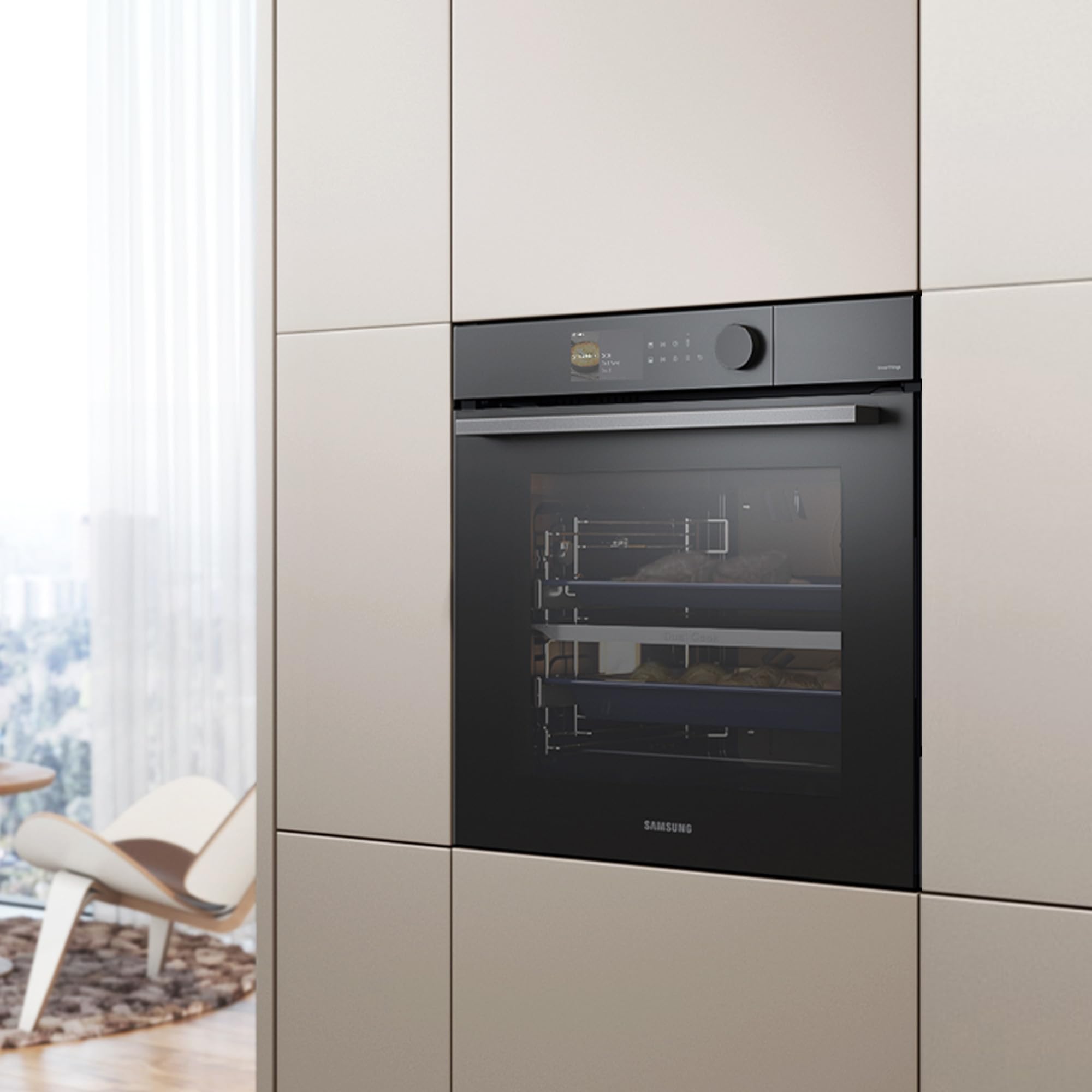 Samsung NV7B7997ADK/U1 Dual Cook Einbaubackofen, Dampfgaren mit 700-ml-Wassertank, 76 l, Pyrolytische Selbstreinigung, Automatische Türöffnung, Kamera, SmartThings Cooking, Air Fry, Schwarzes Glas