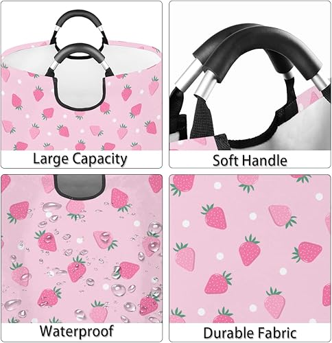 Miniatura 5 de Cesta para la ropa sucia, plegable, impermeable, con asas, plegable, con diseño de fresas, color rosa, cesta de lavado para dormitorio