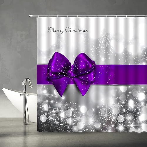 YSATNSFT Cortina de ducha con texto en inglés "Merry Christmas", con lazo morado de satén, brillante, plateado, impreso, decoración de baño, incluye