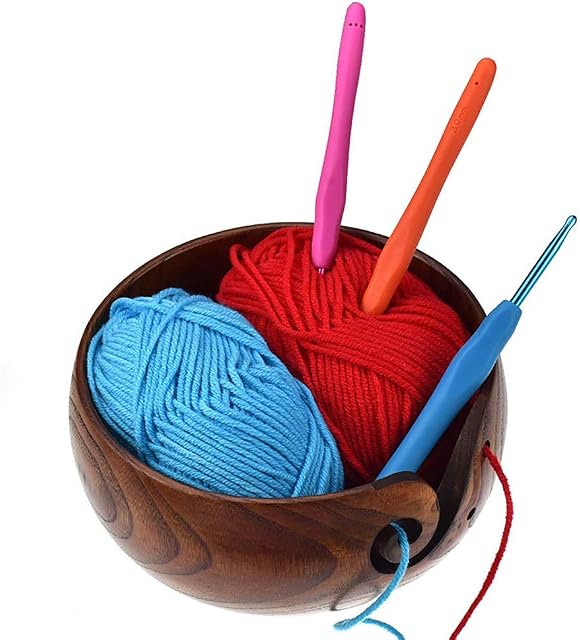 SUNJULY Wool Yarn Organizer, Portable Yarn Bowl, Knitting, Crochet Holder, Handmade Natural Wooden Wool Yarn Storage Bowl, 21-23cm