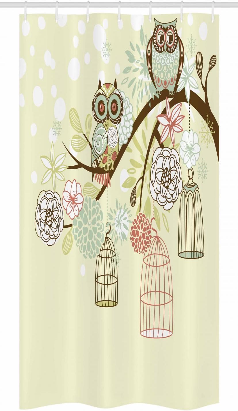 Ambesonne Owls Stall Shower Curtain, Winter Floral Background Blossoms Owls Out of Their Cages Birdcage Freedom, Fabric Bathroom Decor Set with Hooks, 36" W x 72" L, Green Brown