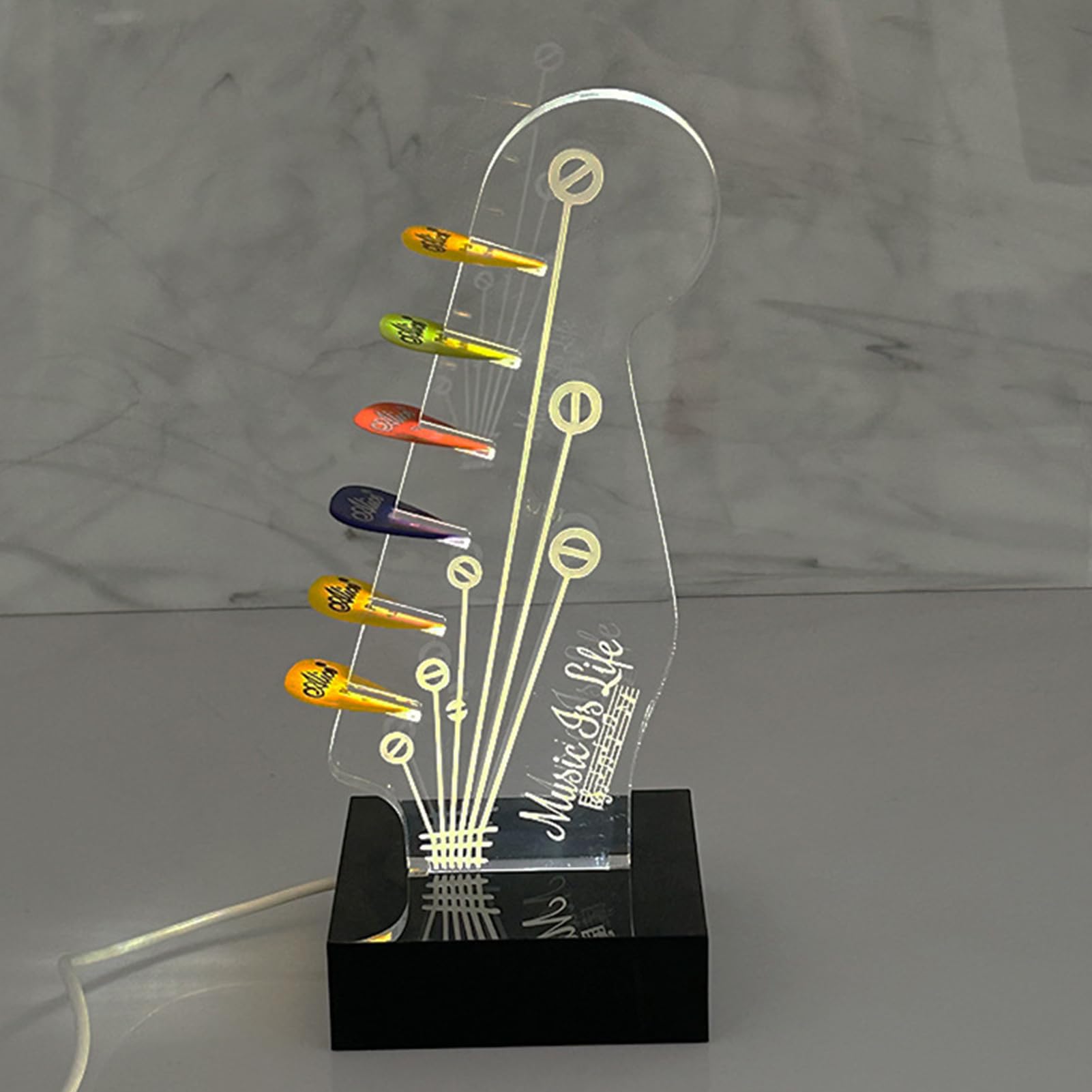 Support De Médiator Guitare Avec Lumière LED 3D En Acrylique Et Bois - Idéal Pour Ranger Et Exposer Vos Médiators - Cadeau Parfait Pour Musicien - 4