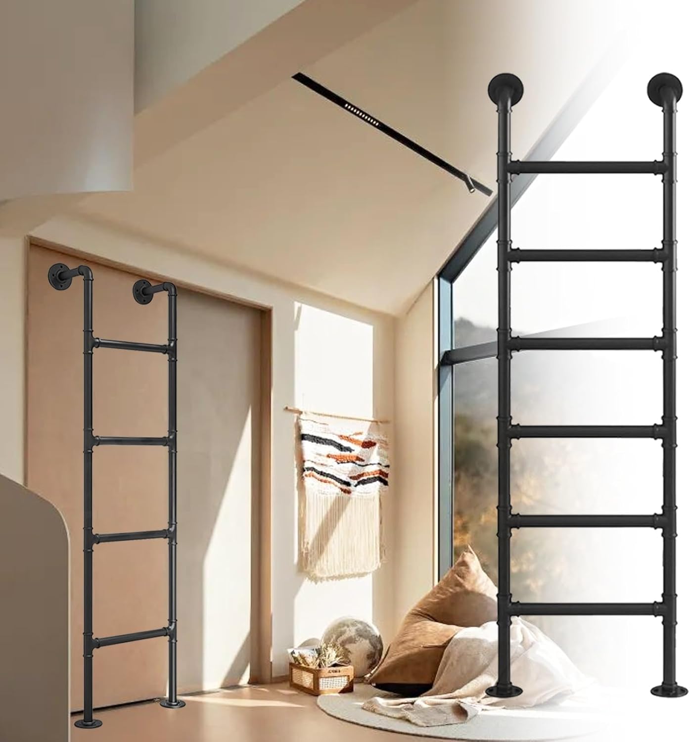 Loft Villa Ladder, 3.3-9.8ft Multi-Purpose Ladder, Metal Window Basement Well Egress Ladder, Wall Mounted Step Ladder, Bunk Bed Ladder, Black Climb Egress Ladder(170cm/67in)