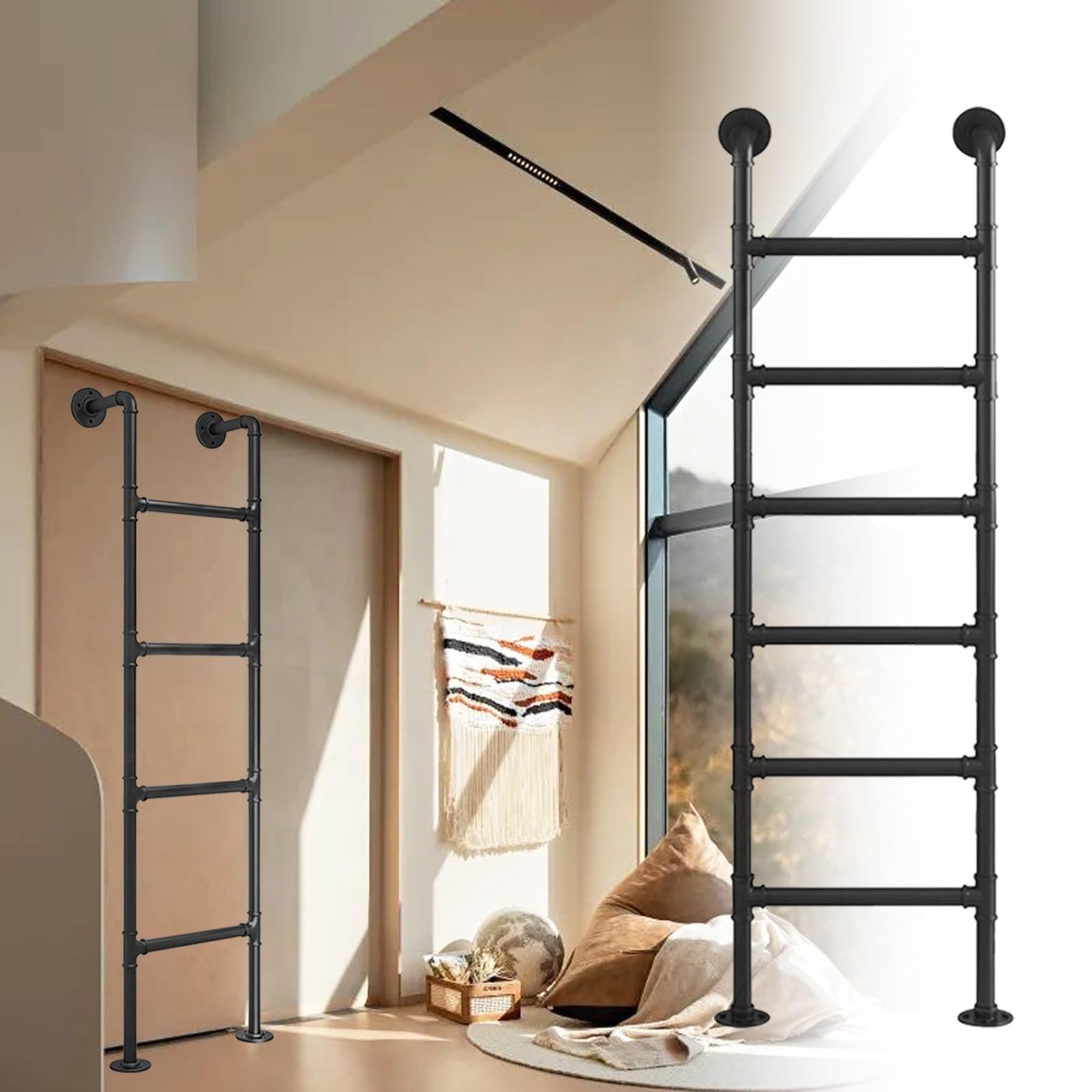GJMSSMY Loft Villa Ladder, 3.3-9.8ft Multi-Purpose Ladder, Metal Window Basement Well Egress Ladder, Wall Mounted Step Ladder, Bunk Bed Ladder, Black Climb Egress Ladder(131cm/52in)
