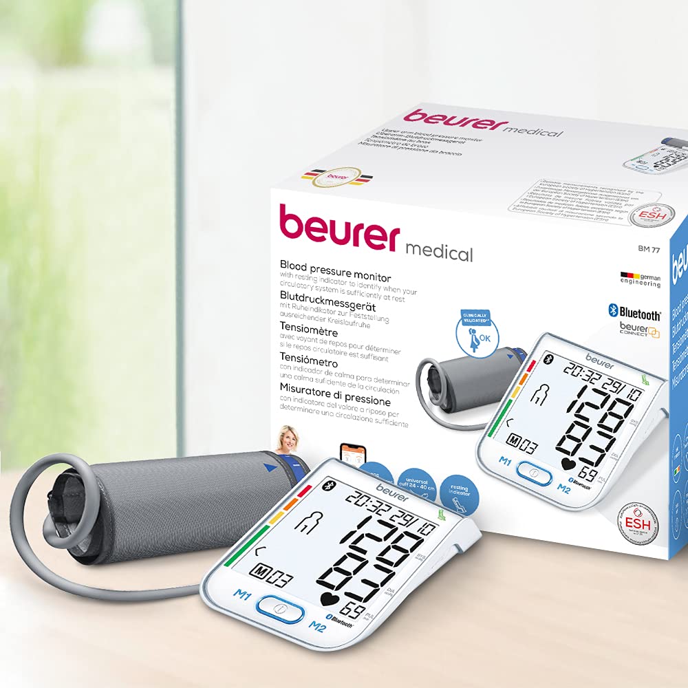 Beurer BM 77 Tensiómetro de brazo, con indicador de reposo patentado, conexión a app con protección de datos certificada, también apto para embarazadas