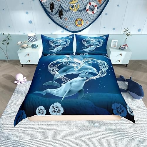 Cute Dolphin Bedding Set,Dolphins Play with Water Duvet Cover for Kids Teens Boys,Moonlight at Night Comforter Cover Decorative Room,Sea Animals Quilt Cover with 2 Pillowcases,Queen Size(No Comforter)