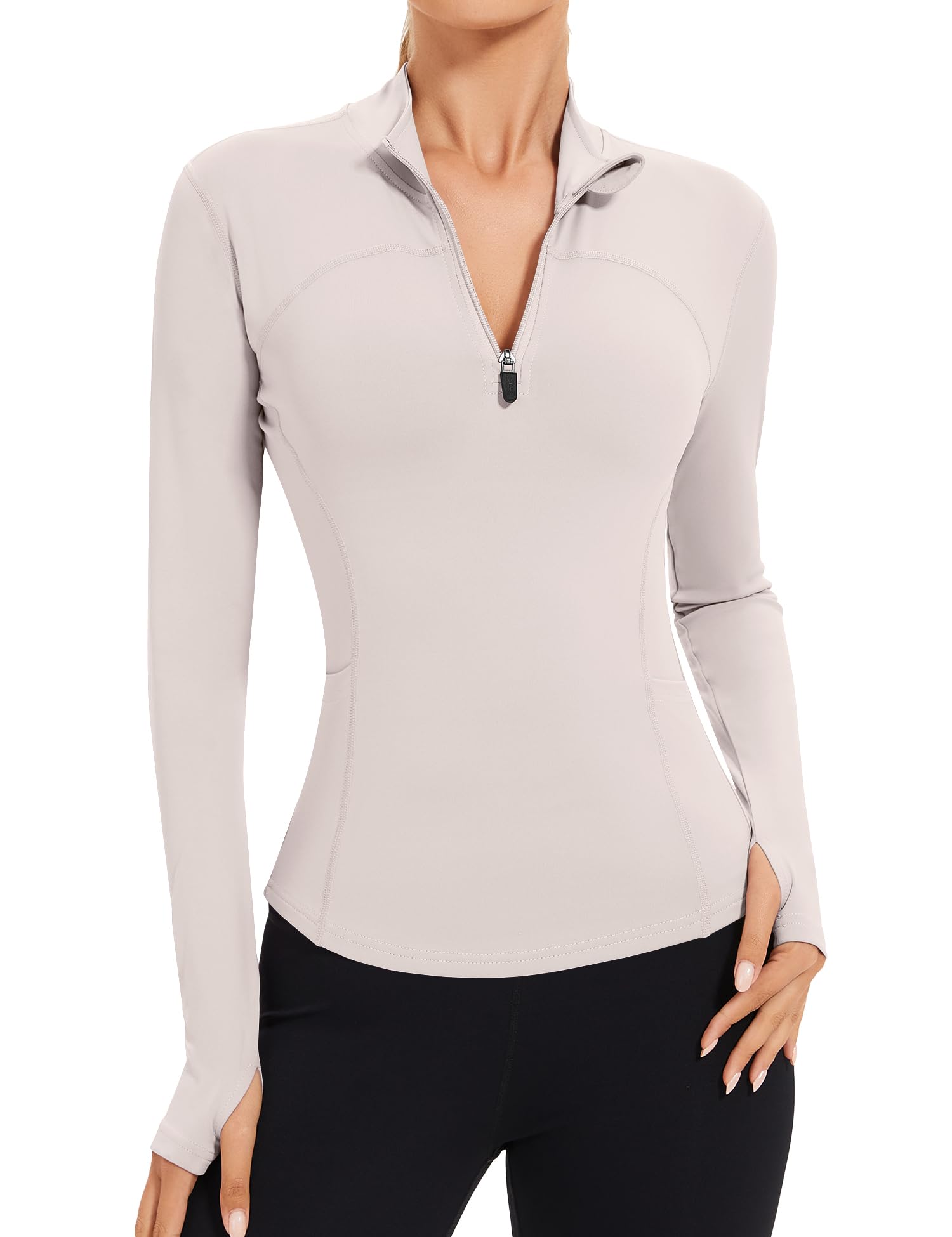 IECCP Damen Laufjacke Sportjacke Langarm Gym Sportshirt Yoga Fitness Crop Tops mit Zwei Taschen Leicht Laufen Oberteil mit 1/4 Reißverschluss und Daumenloch