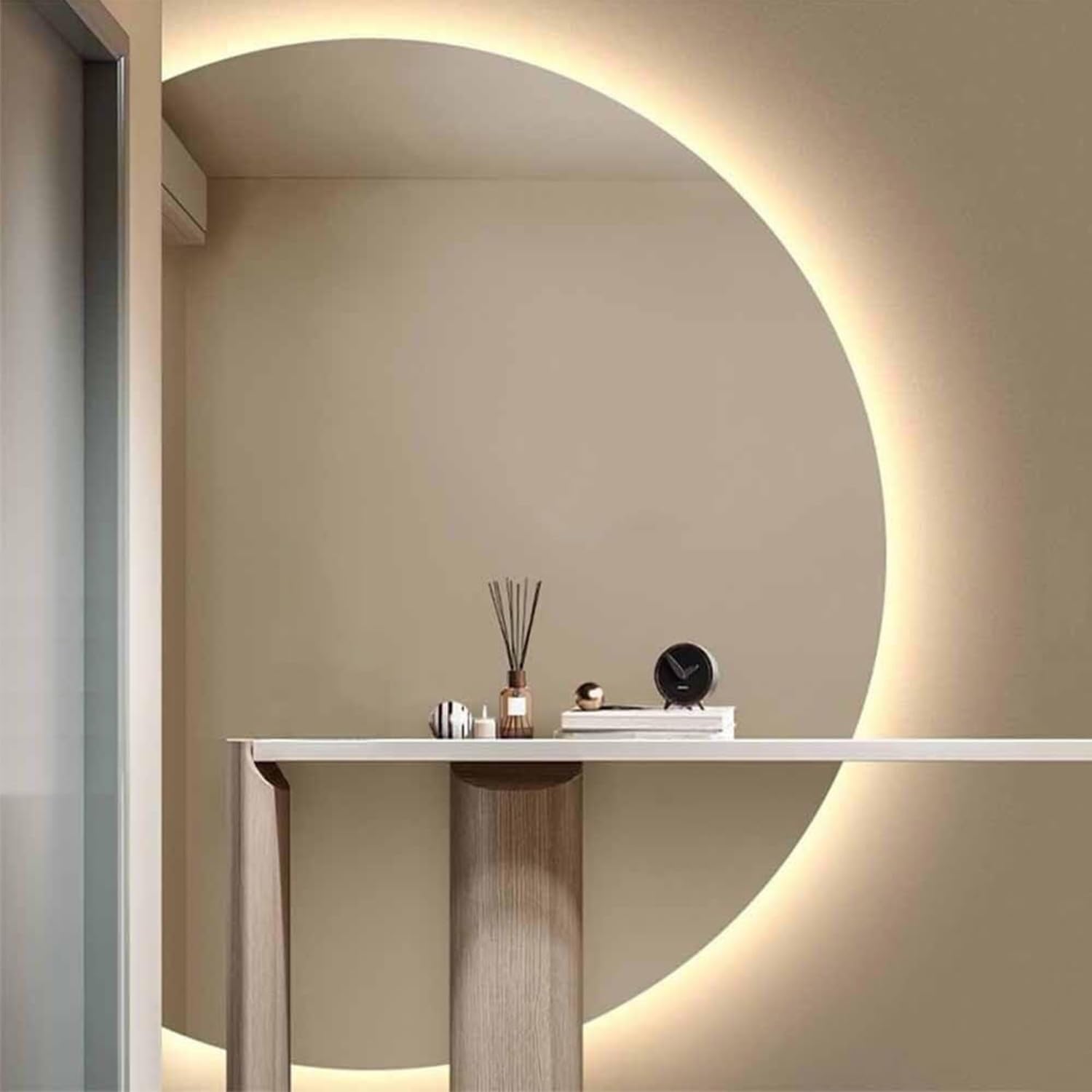 Minimalistyczne lustro pół-cle, 120 cm, pełnowymiarowe lustro ze sterowaniem dotykowym, inteligentne 3-kolorowe regulowane oświetlenie, lustro ścienne (lewe cięcie 130 cm)
