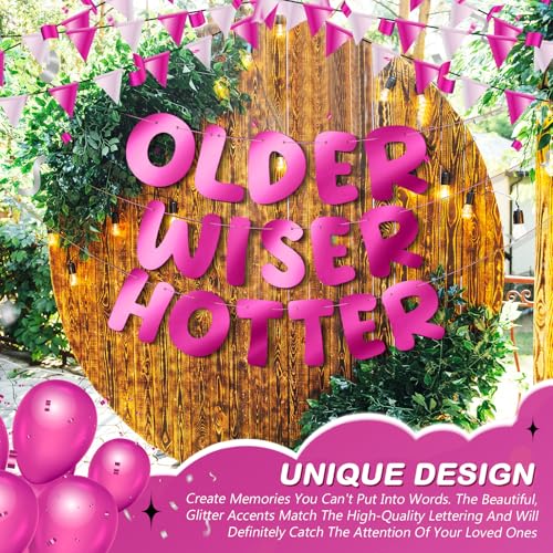 Image of Fulmoon Set of 3 Pre Strung Older Wiser Hotter Glitter Banner Funny Birthday Banner for Women 30th 40th 50th 60th 70th 80th Birthday Party Decorations Sign Gift(Bright Hot Pink)