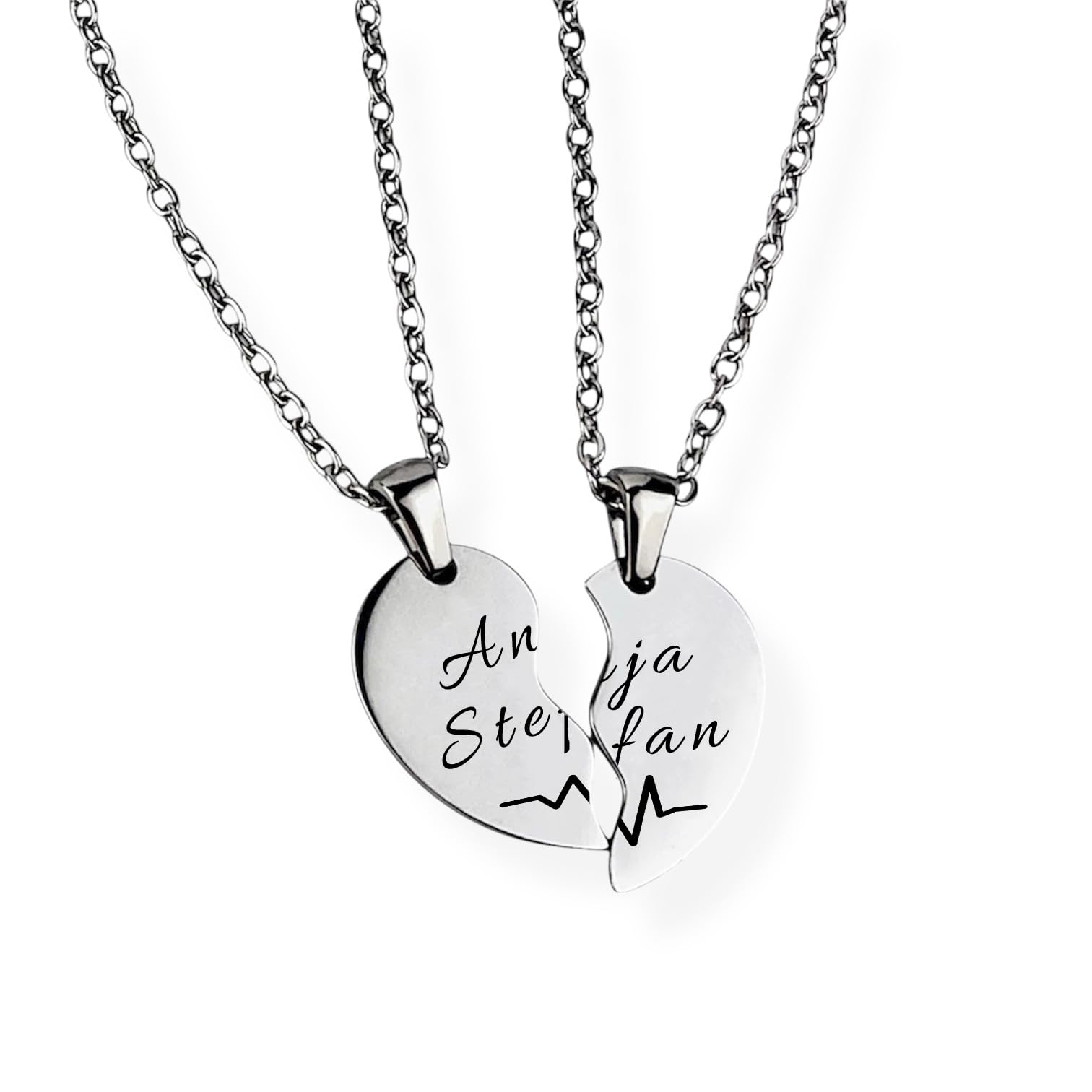 Herz Halskette für Paare mit Gravur | personalisiert mit Name, Herzschlag, Spruch | Geschenk für Damen, Herren, Freundin, Verliebte | Edelstahl Kette verstellbar 45 + 5 cm, rostfrei mit Rückseite