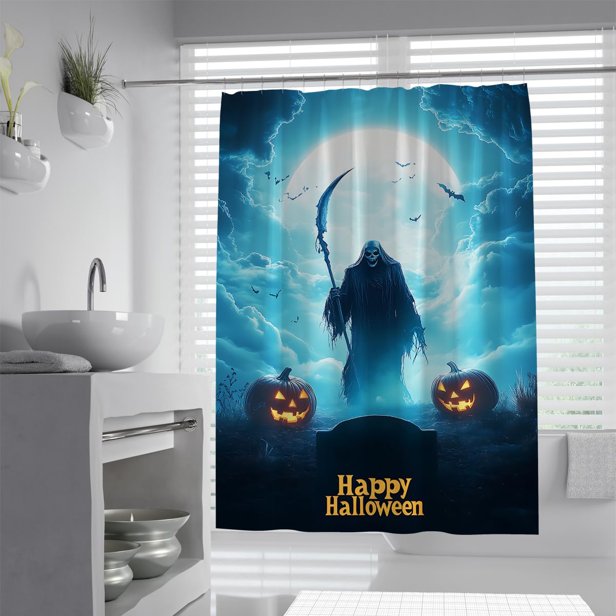 UIRINGART Happy Halloween Ghost Shower Curtain W120xL180cm Blue Full Moon Pumpkin Lantern Flying Bat Anti Mould Waterproof Bathtub Screens for Wet Room with Hooks