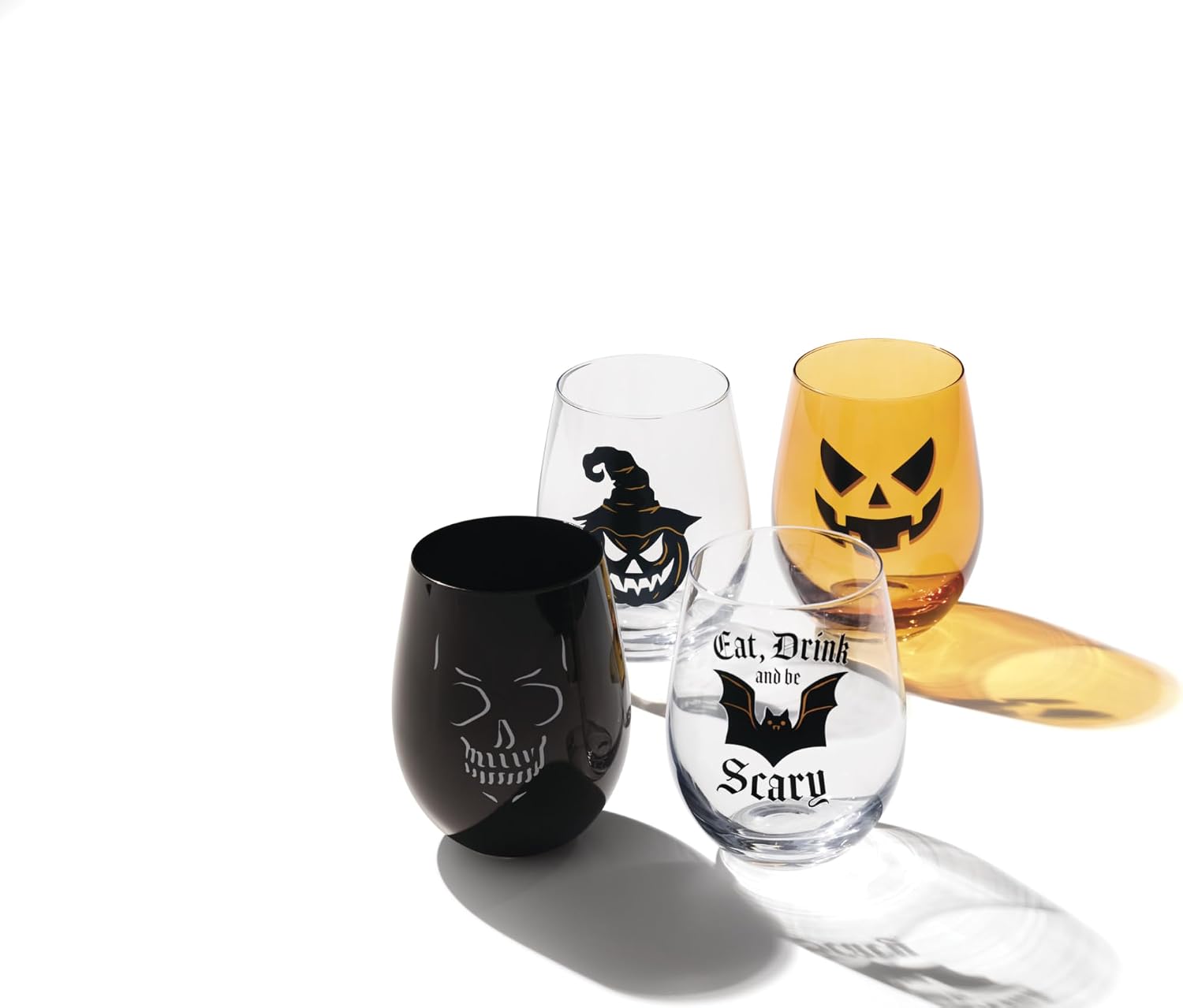 Oneida Barware, Vintro Halloween Stemless Wine Glasses, Set of 4, Dishwasher Safe, Made of Glass, Spooky Drinking Glasses Set, Halloween Decor Indoor, Skeletons and Bats as Design (4 Piece, 18 Oz)
