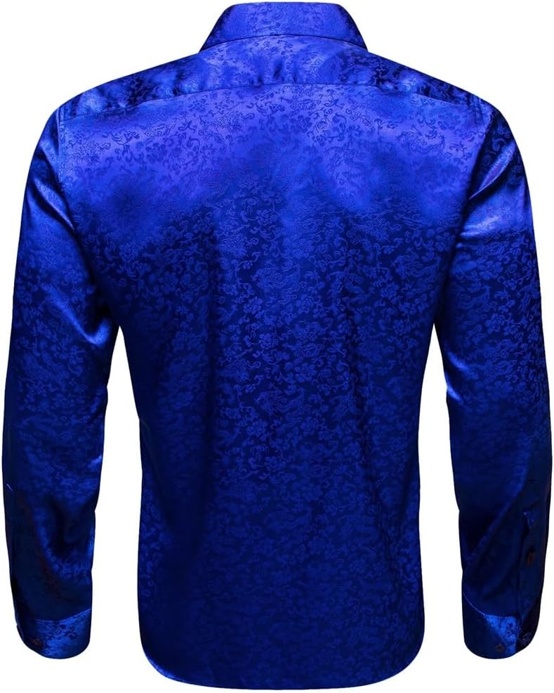Men Silk Satin Long Sleeve Royal Flower Male Blouses Casual Lapel Tops Breathable Streetwear