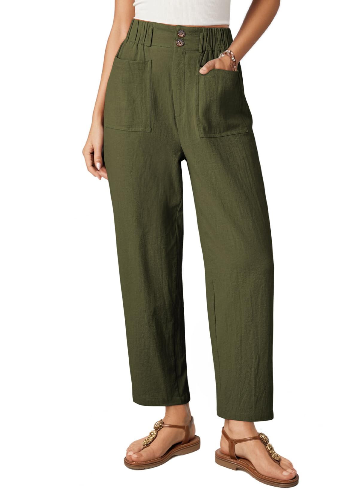 Dokotoo Linen Pants Women Casual Cotton Capri Pants High Waisted Harem Trouser Summer Slacks with Pockets Fall Clothes