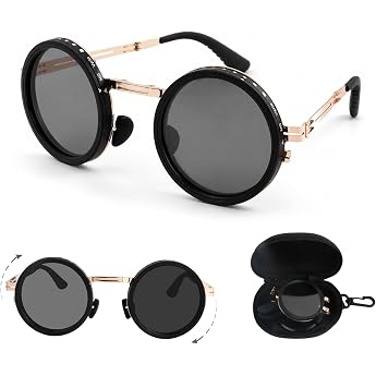 Ecofocet Foldable Sunglasses, Round Polarised Sunglasses with 9-Level ND Filter, UV400, TAC Lenses, Metal Frame, Metal Frame,