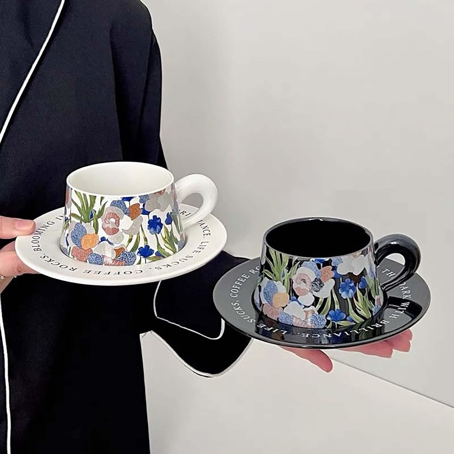 Mug Coffee Cup with Saucers, Ceramic Coffee Cup with Spoon, Retro Watercolor Painting Style Cup 260 ml(White)