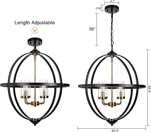 Miniatura 5 de Treekee Lámpara de araña rústica, cubierta de cristal con acabado negro y dorado, de lujo, 4 luces de globo vintage, lámparas de techo colgantes