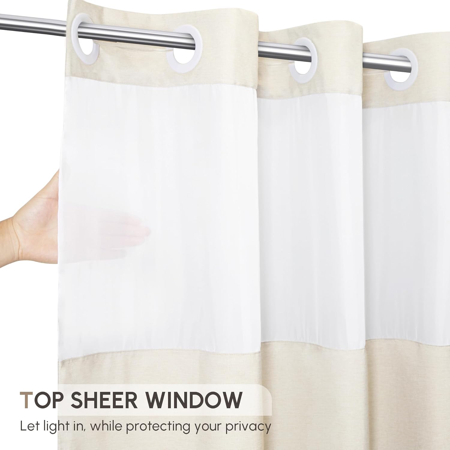 WELTRXE No Hook Shower Curtain with Snap in Liner, 230GSM Waterproof Fabric Hotel Luxury Weighted Bath Curtain with See Through Mesh Top Window, Machine Washable, 72 x 74 Inch, Beige