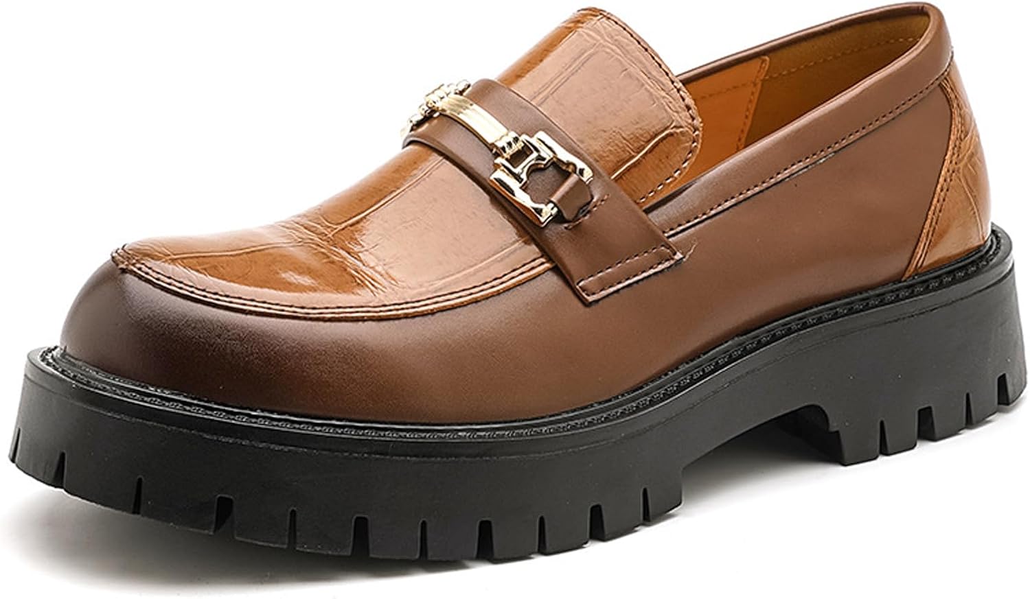 Men's Leather Platform Penny Loafers with Metal Embellishments Fashion Round Toe Lu...