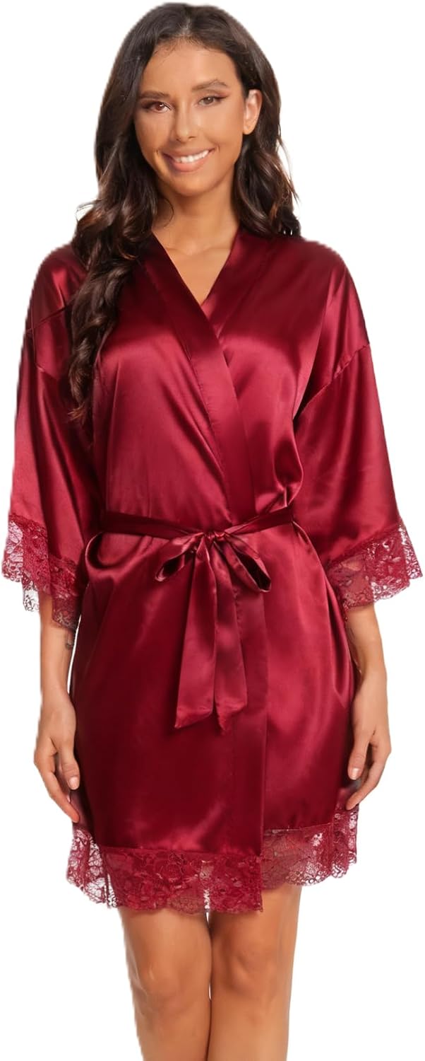 Kihnop Women's Satin Robe Silk Robe Lace Bridal Robes for Bride Bridesmaid Robes Silky Bathrobe Getting Ready Sleepwear