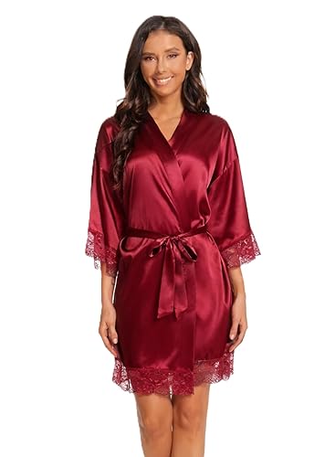 Kihnop Women's Satin Robe Silk Robe Lace Bridal Robes for Bride Bridesmaid Robes Silky Bathrobe Getting Ready Sleepwear - Wine Red - Large-X-Large